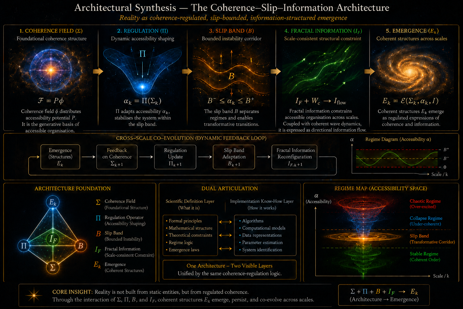 Architectural synthesis with coherence and emergence as opposing apices around the shared regulation, slip-band and fractal-information mediation layer